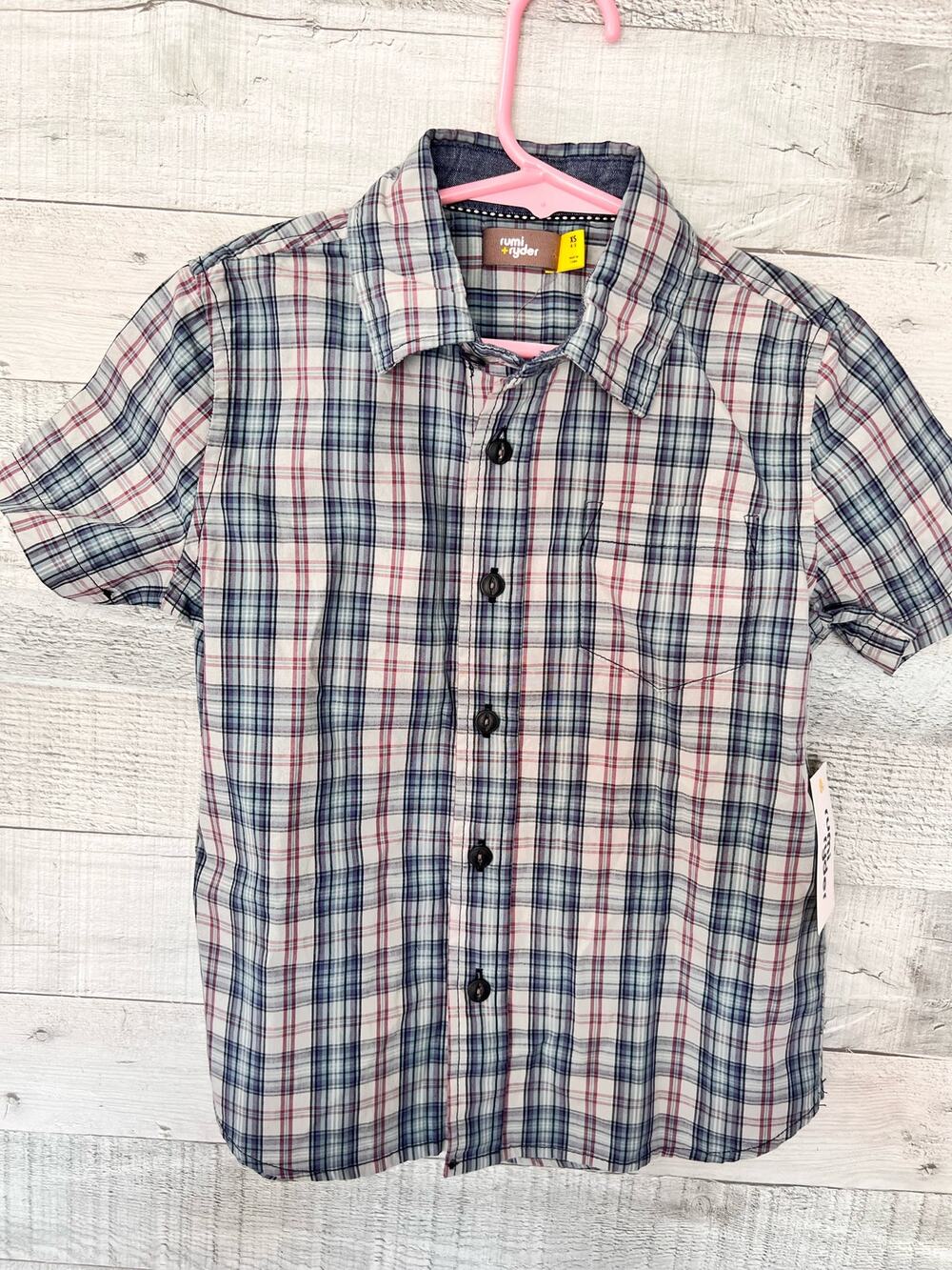 Rumi + Ryder Shirt Boys XS Blue Pink Plaid Collared Button Up Short Sleeve